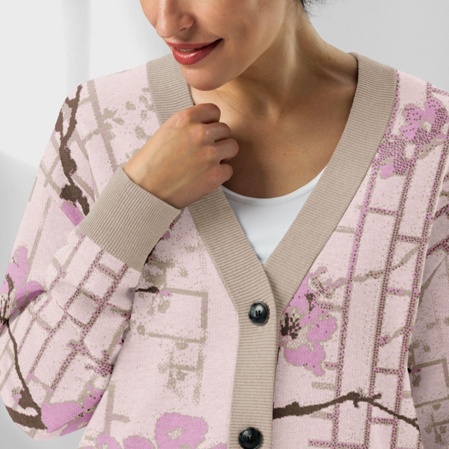 Blush Shoji Sakura Knit Cardigan — Japanese Cherry Blossom Shoji Screen Sweater | Unisex Jacquard Knitwear