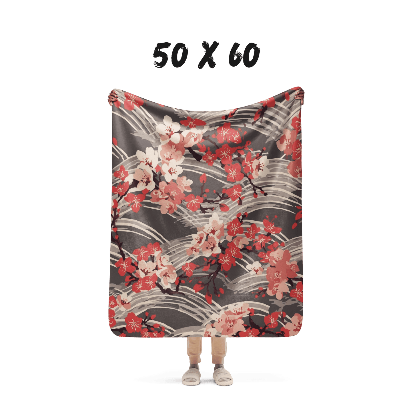 Sakura Wave Sherpa Blanket — Japanese Floral Seigaiha Throw | Crimson Dusk