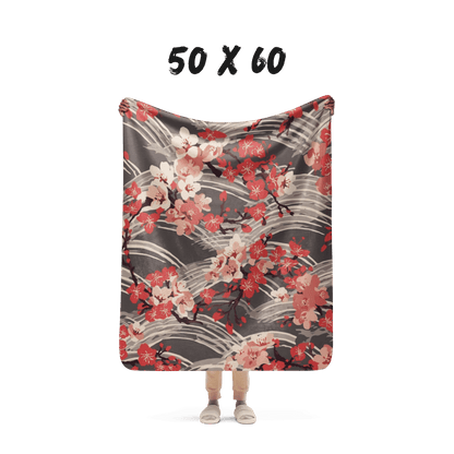 Sakura Wave Sherpa Blanket — Japanese Floral Seigaiha Throw | Crimson Dusk
