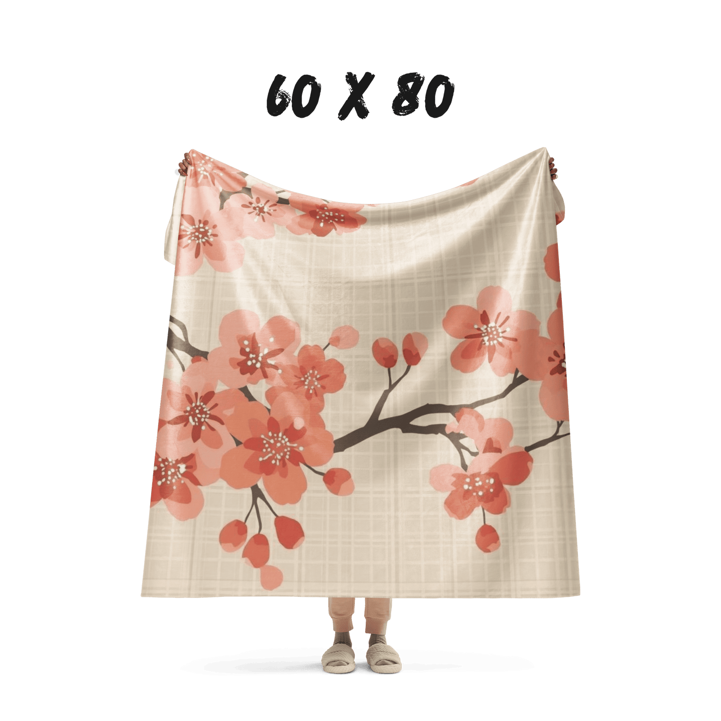 Cherry Blossom Sherpa Blanket | Japanese Sakura Throw Blanket | Coral Cream Floral Sherpa Throw | Japanese Botanical Home Decor Gift