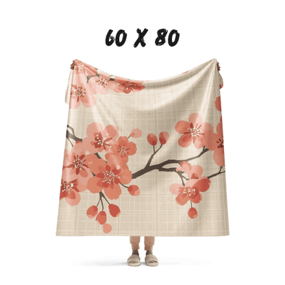 Cherry Blossom Sherpa Blanket | Japanese Sakura Throw Blanket | Coral Cream Floral Sherpa Throw | Japanese Botanical Home Decor Gift