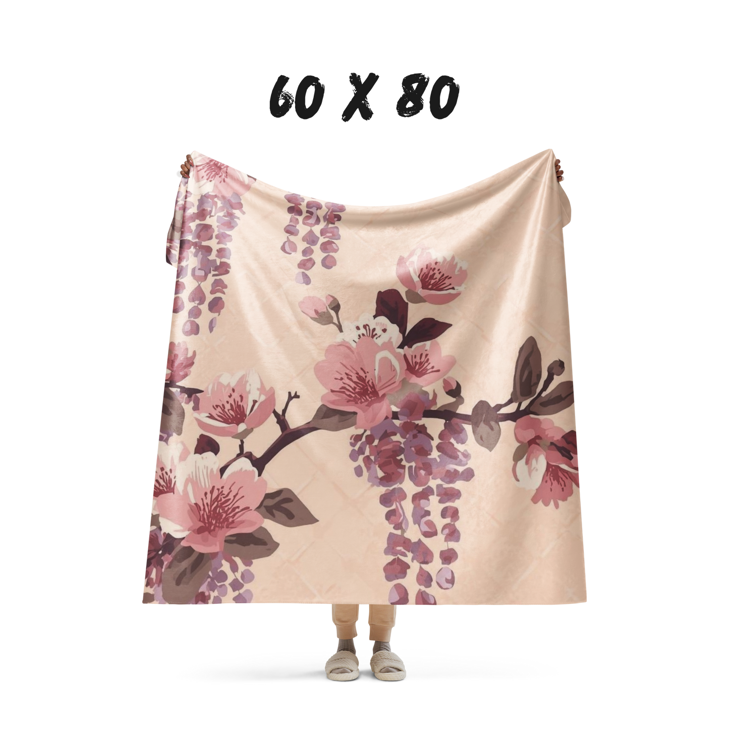 Blush Wisteria Sakura Fuji Sherpa Throw Blanket — Japanese Floral Cozy Blanket | Romantic Botanical