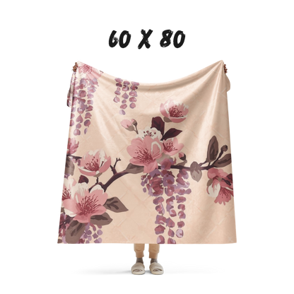 Blush Wisteria Sakura Fuji Sherpa Throw Blanket — Japanese Floral Cozy Blanket | Romantic Botanical