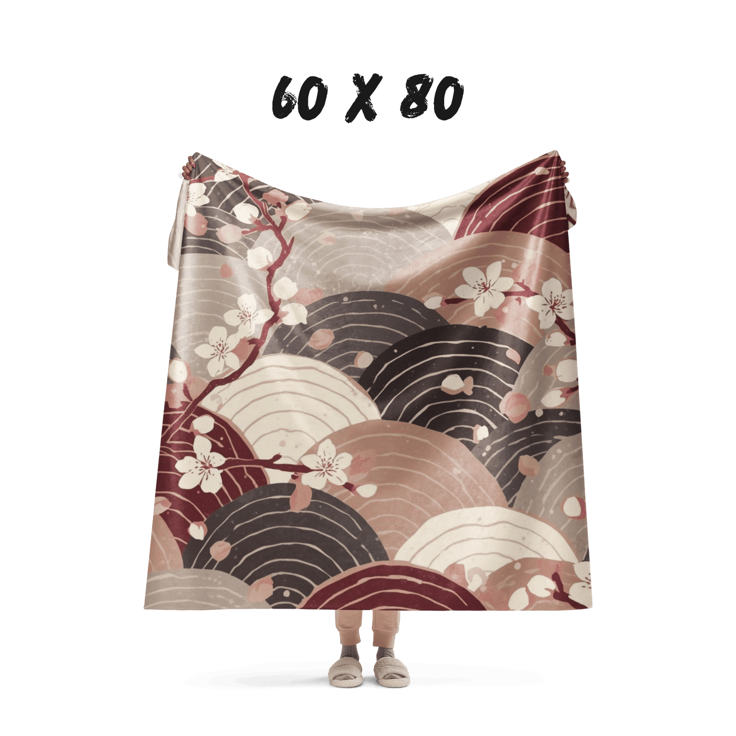 Sakura Wave Sherpa Blanket — Japanese Floral Seigaiha Throw | Burgundy Tide
