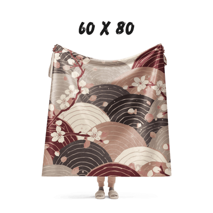Sakura Wave Sherpa Blanket — Japanese Floral Seigaiha Throw | Burgundy Tide