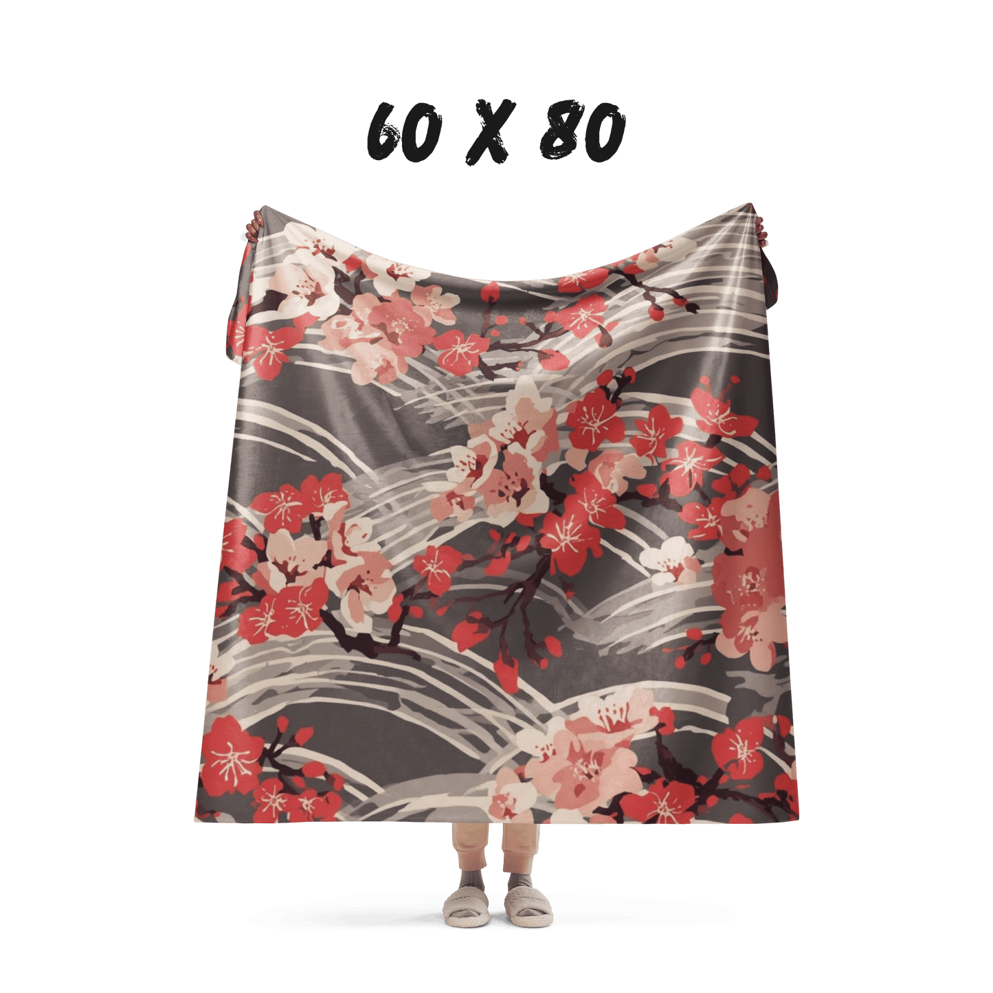 Sakura Wave Sherpa Blanket — Japanese Floral Seigaiha Throw | Crimson Dusk