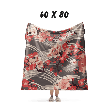 Sakura Wave Sherpa Blanket — Japanese Floral Seigaiha Throw | Crimson Dusk
