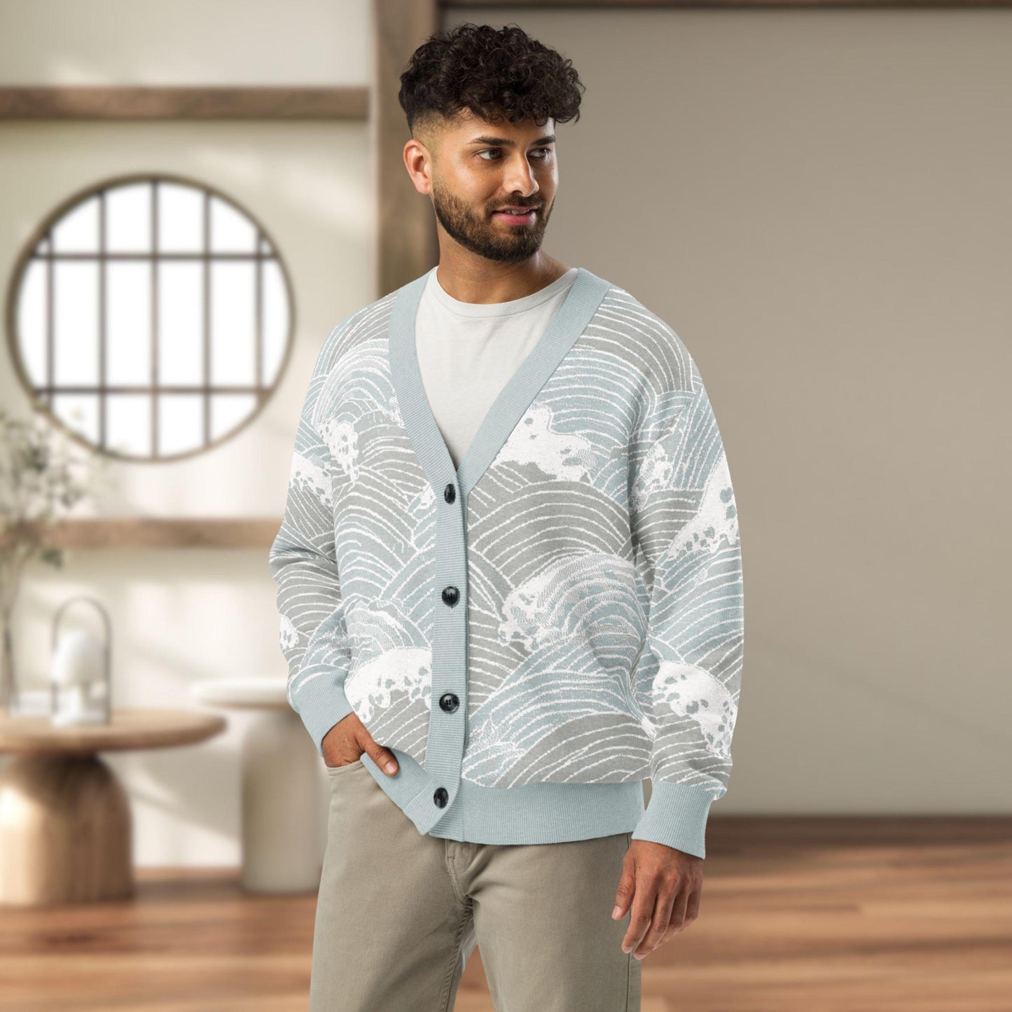 Seigaiha Wave Knit Cardigan — Japandi Coastal Unisex Sweater in Steel Tide