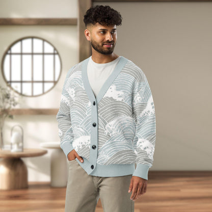 Seigaiha Wave Knit Cardigan — Japandi Coastal Unisex Sweater in Steel Tide