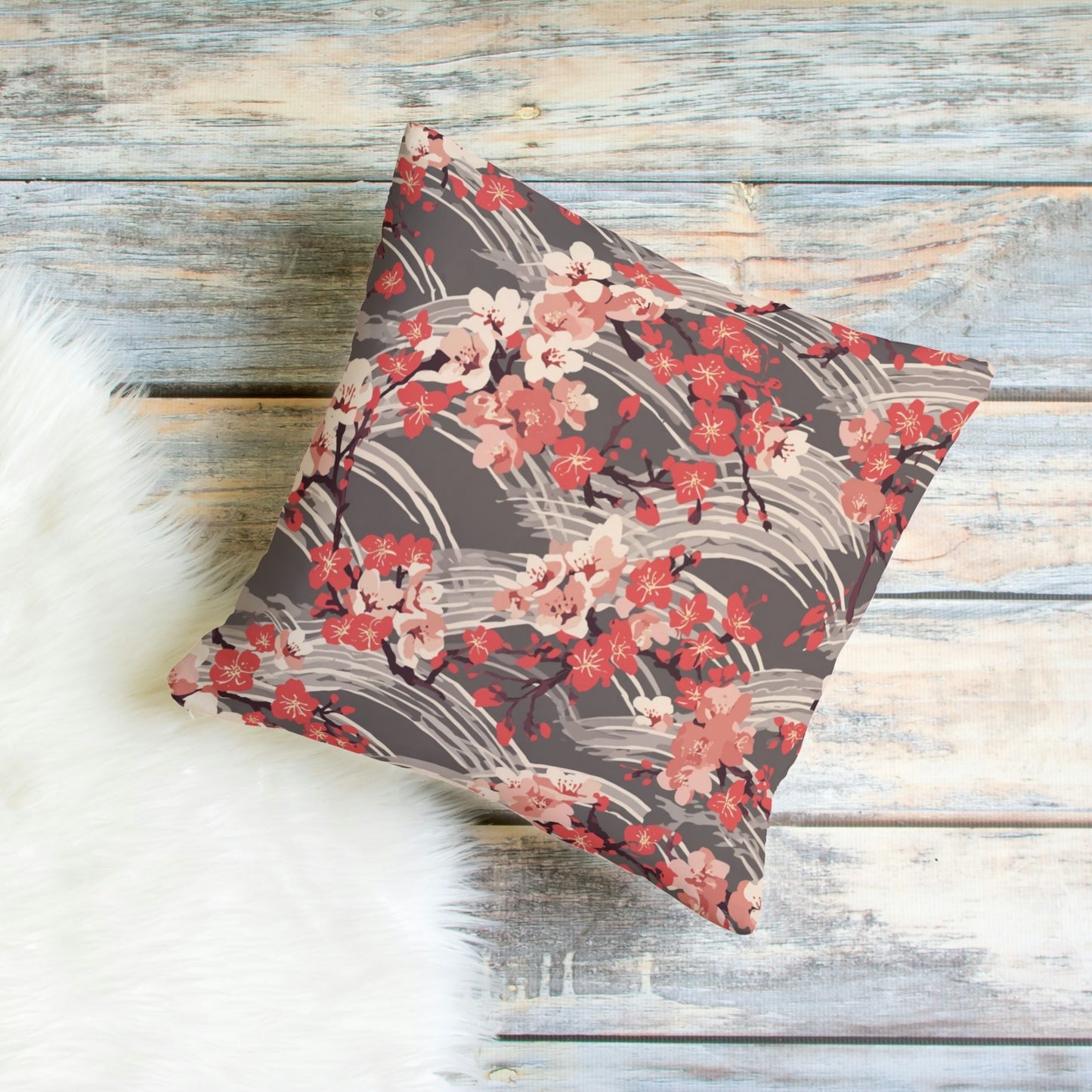 Sakura Wave Throw Pillow Cover — Japanese Floral Seigaiha Cushion | Crimson Dusk