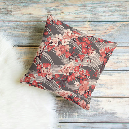 Sakura Wave Throw Pillow Cover — Japanese Floral Seigaiha Cushion | Crimson Dusk
