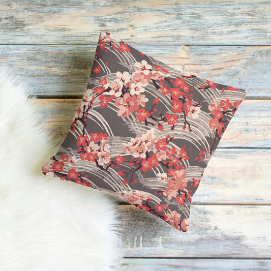 Sakura Wave Throw Pillow Cover — Japanese Floral Seigaiha Cushion | Crimson Dusk