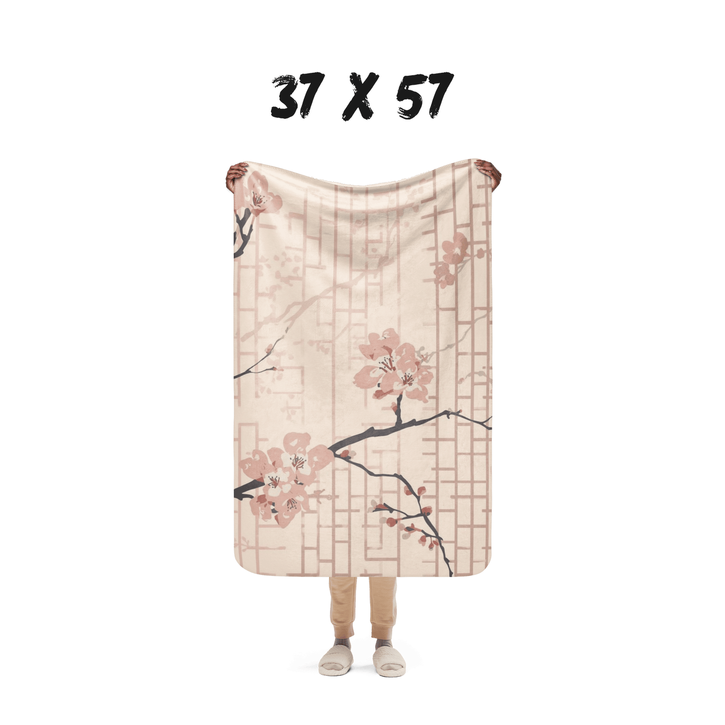 Blush Shoji Sakura Sherpa Blanket — Japanese Cherry Blossom Shoji Screen Throw | Tonal Botanical