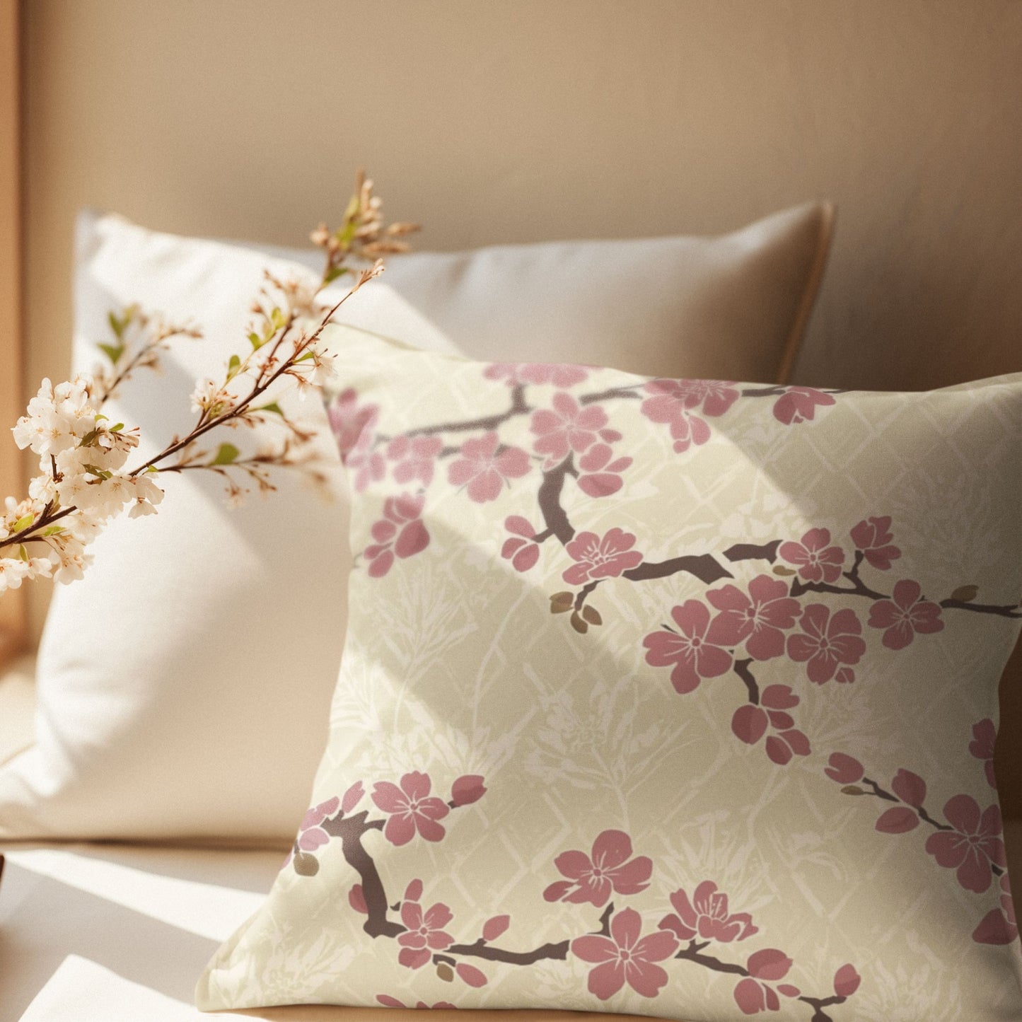 Parchment Rose Plum Blossom Throw Pillow with Insert — Japanese Ume Asanoha Cushion | Botanical