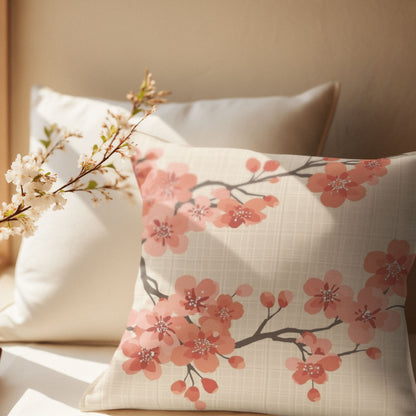 Coral Bloom Sakura Throw Pillow with Insert — Japanese Cherry Blossom Cushion | Large-Scale Botanical