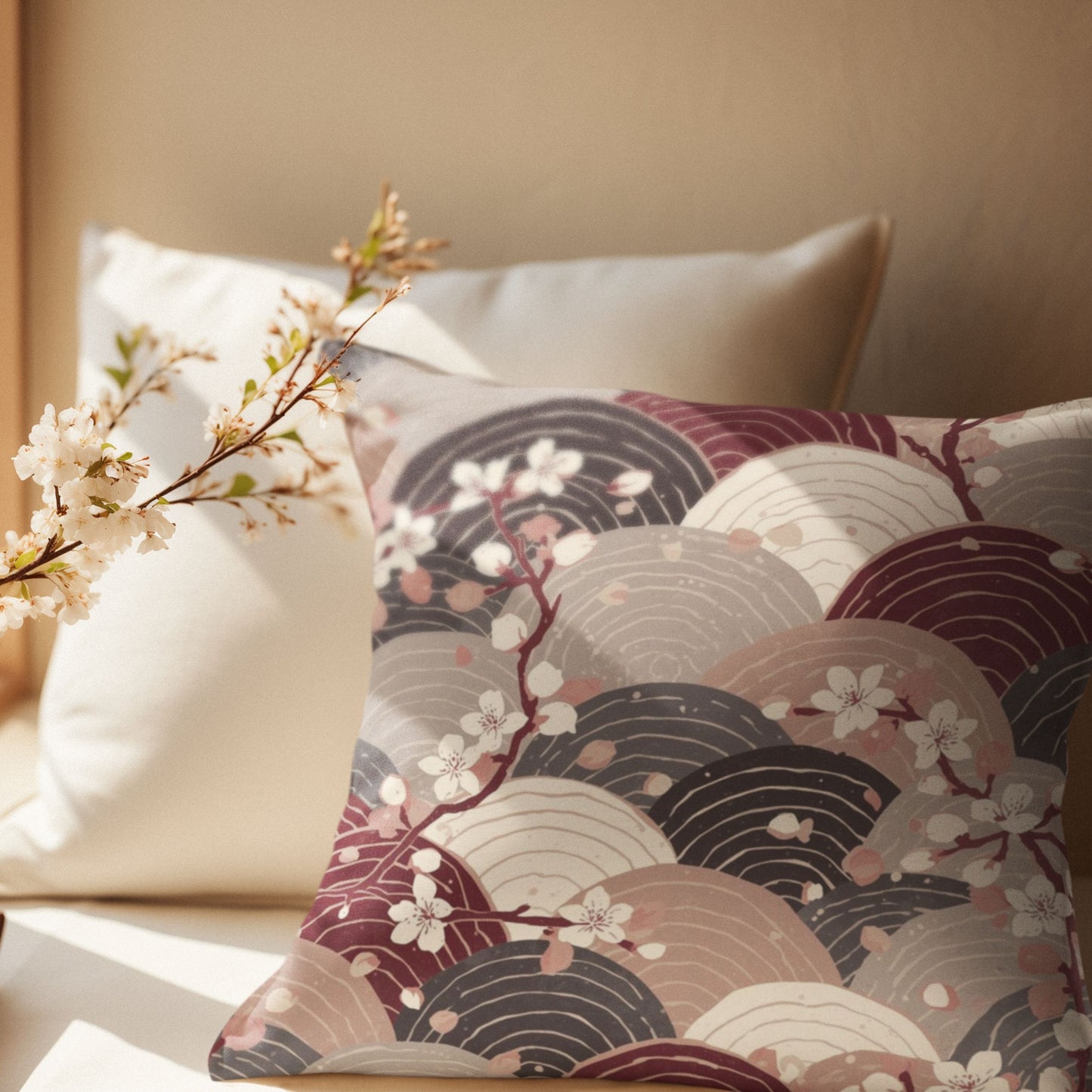 Sakura Wave Throw Pillow with Insert — Japanese Floral Seigaiha Cushion | Burgundy Tide