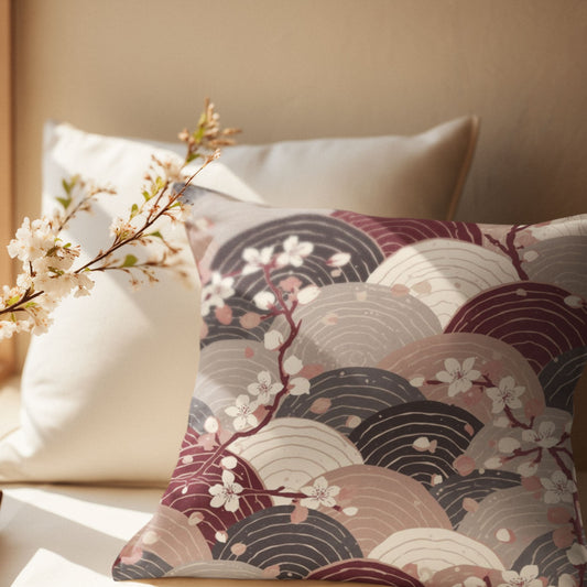 Sakura Wave Throw Pillow with Insert — Japanese Floral Seigaiha Cushion | Burgundy Tide