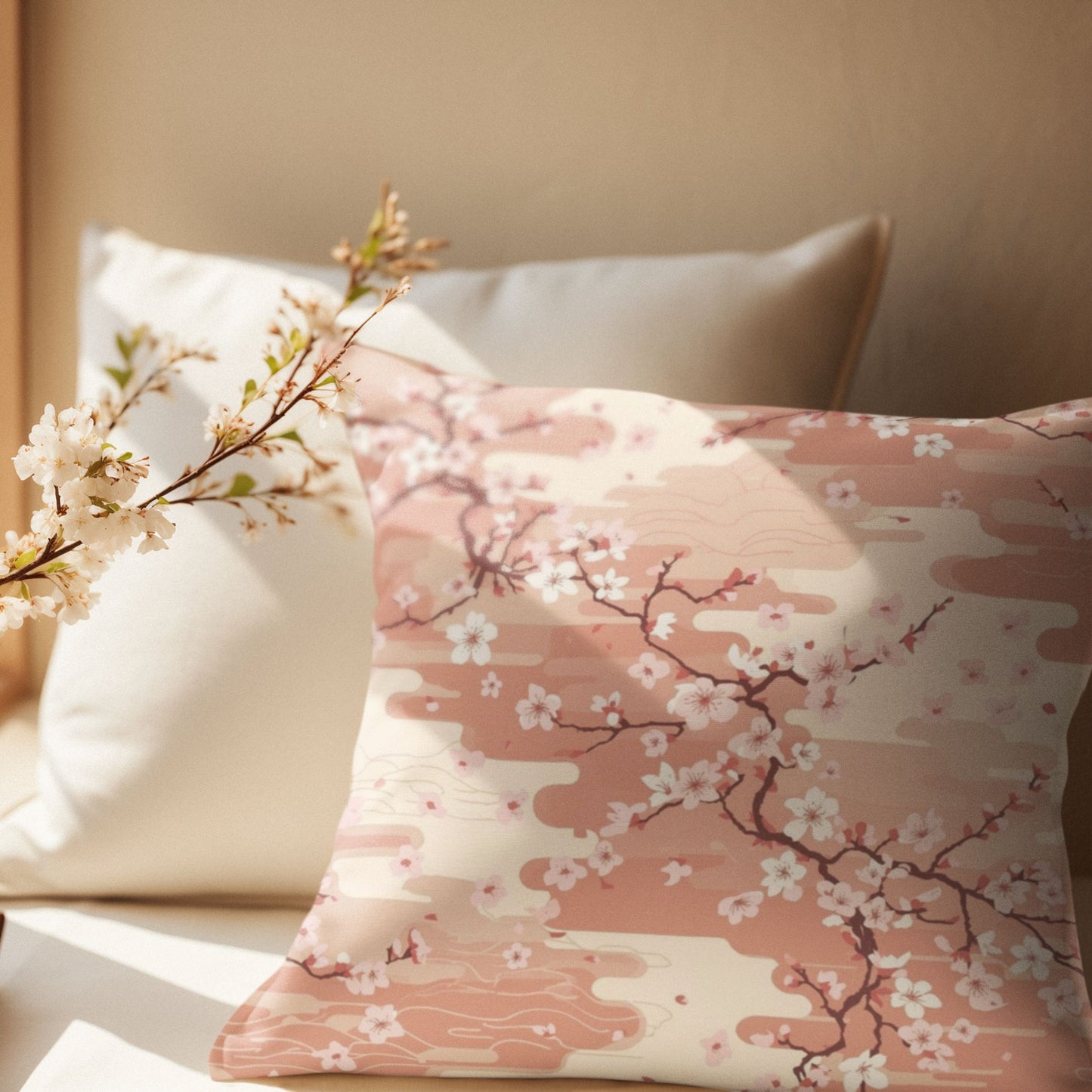 Sakura Cherry Blossom Throw Pillow with Insert — Japanese Floral Cushion | Japandi Botanical Home Decor