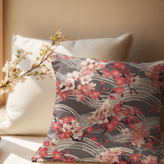 Sakura Wave Throw Pillow with Insert — Japanese Floral Seigaiha Cushion | Crimson Dusk