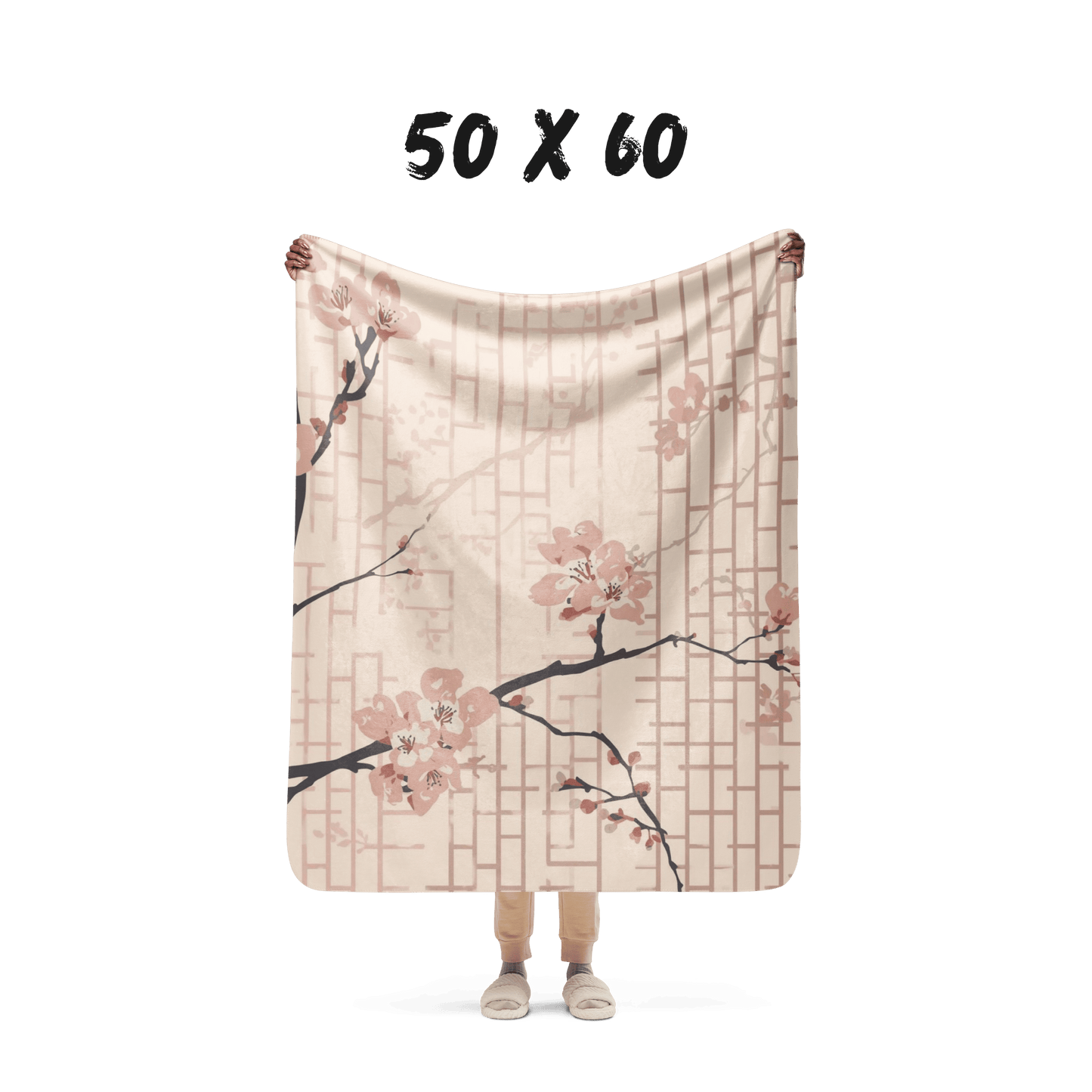 Blush Shoji Sakura Sherpa Blanket — Japanese Cherry Blossom Shoji Screen Throw | Tonal Botanical