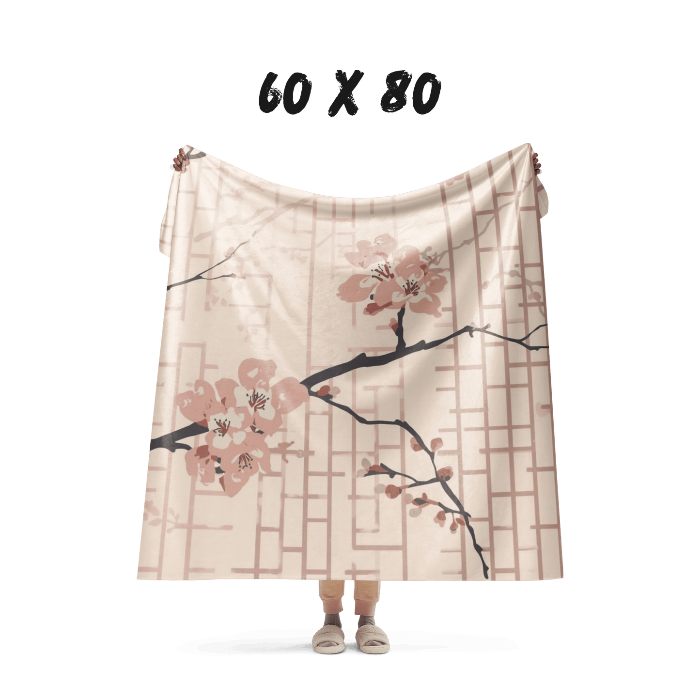 Blush Shoji Sakura Sherpa Blanket — Japanese Cherry Blossom Shoji Screen Throw | Tonal Botanical