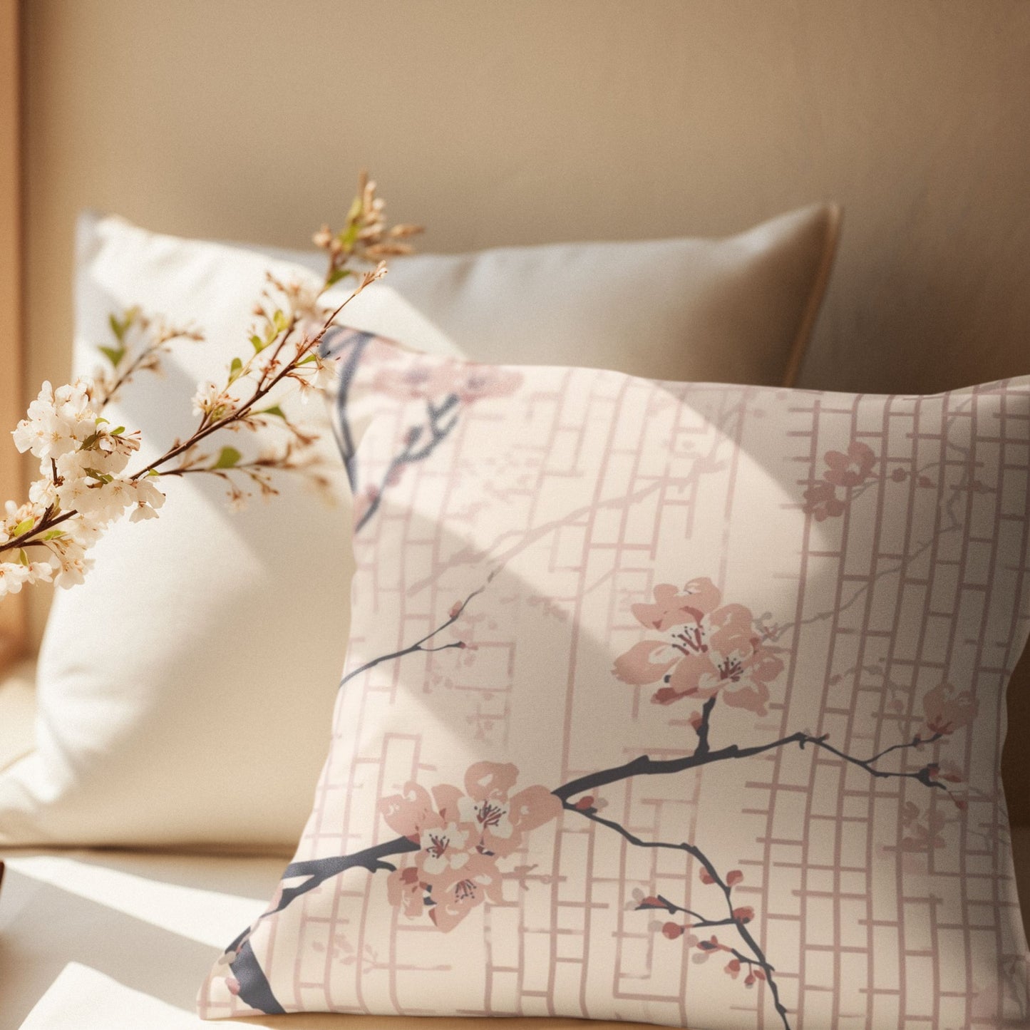 Blush Shoji Sakura Throw Pillow with Insert — Japanese Cherry Blossom Shoji Screen Cushion | Tonal Botanical