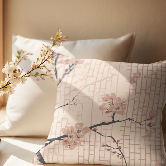 Blush Shoji Sakura Throw Pillow with Insert — Japanese Cherry Blossom Shoji Screen Cushion | Tonal Botanical