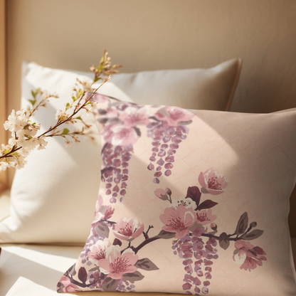 Blush Wisteria Sakura Fuji Throw Pillow with Insert — Japanese Floral Cushion | Romantic Botanical