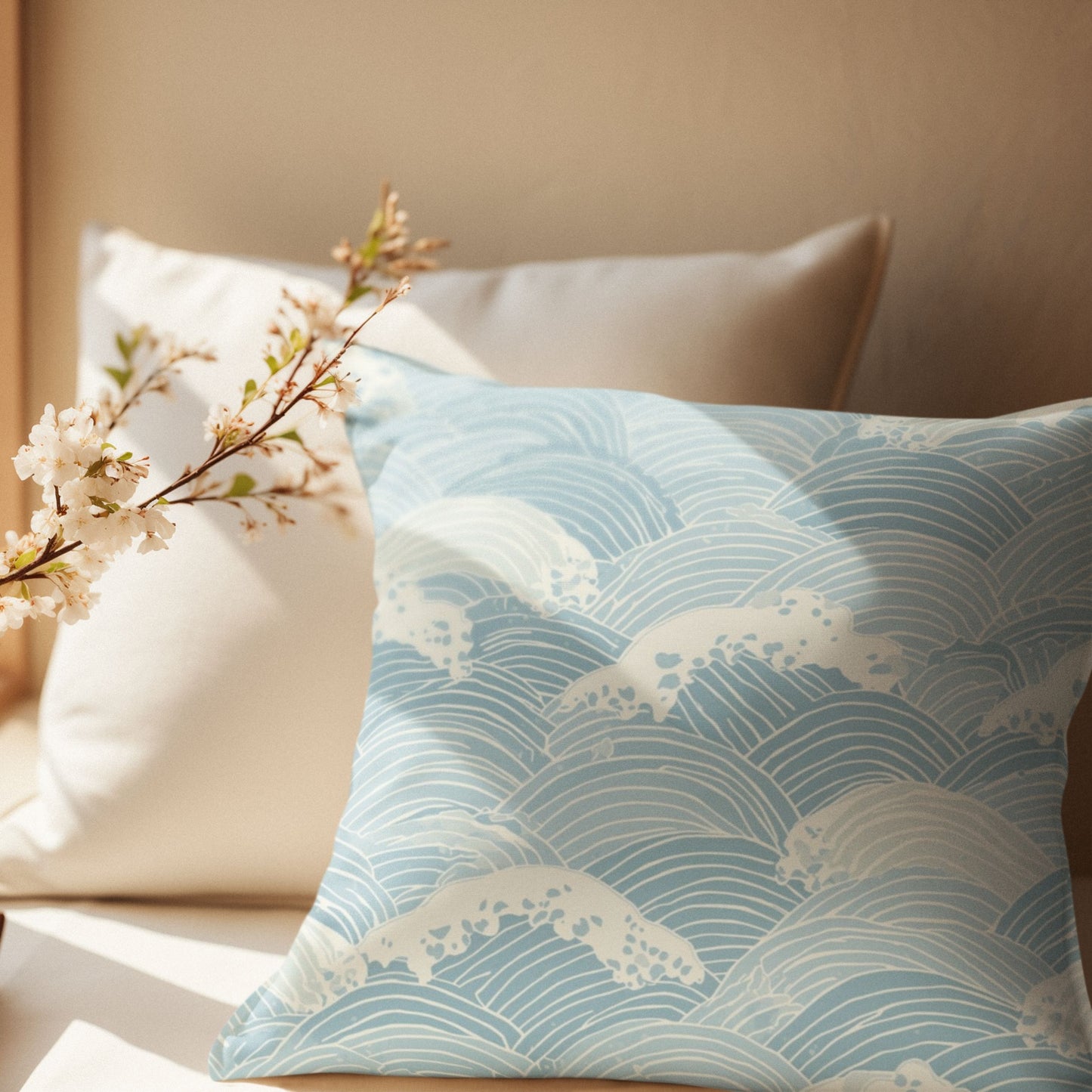 Seigaiha Wave Throw Pillow with Insert — Japanese Ocean Wave Cushion | Japandi Minimalist Home Decor