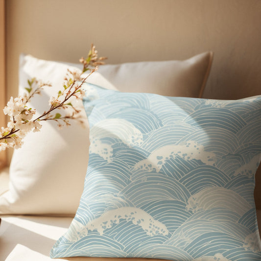 Seigaiha Wave Throw Pillow with Insert — Japanese Ocean Wave Cushion | Japandi Minimalist Home Decor