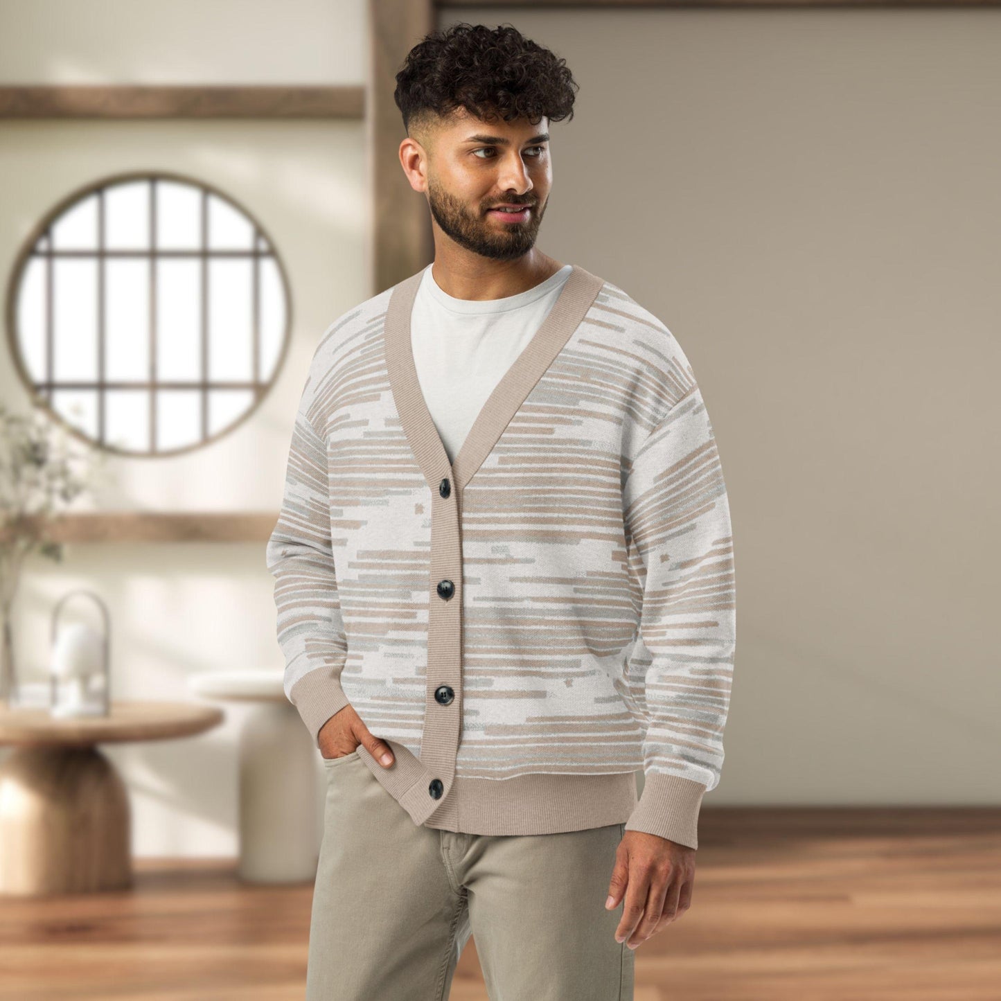 Wheat Field Textured Stripe Knit Cardigan — Japandi Woven Neutral Sweater | Unisex Jacquard Knitwear
