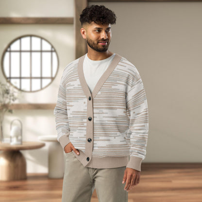 Wheat Field Textured Stripe Knit Cardigan — Japandi Woven Neutral Sweater | Unisex Jacquard Knitwear