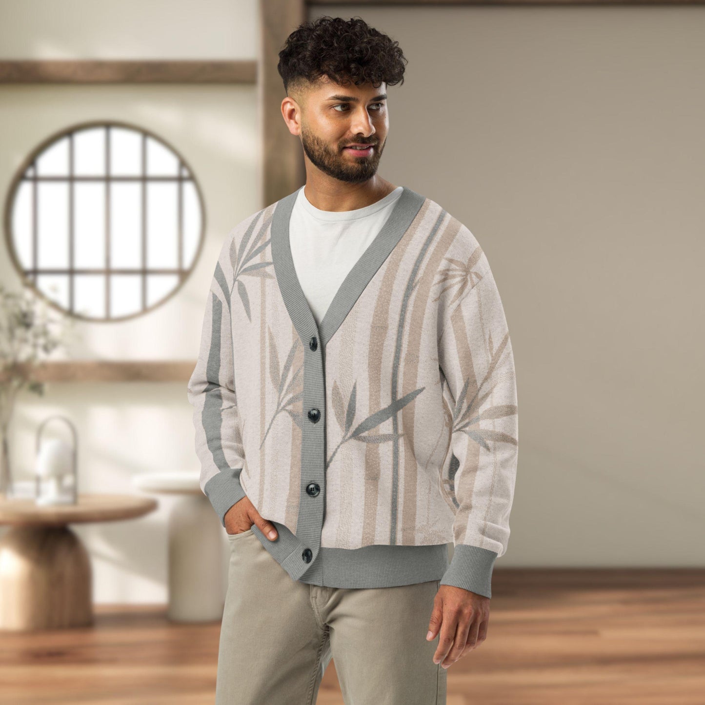 Sage Grove Bamboo Knit Cardigan — Japandi Botanical Take Sweater | Unisex Jacquard Knitwear