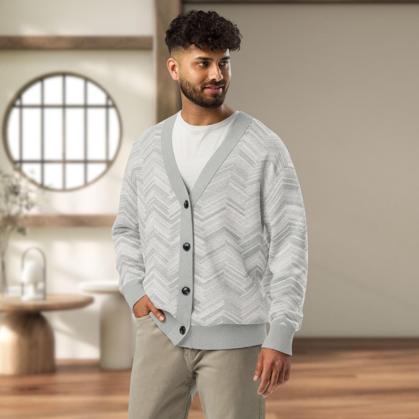 Frost Ridge Yamagata Chevron Knit Cardigan — Japandi Mountain Motif Sweater | Unisex Jacquard Knitwear