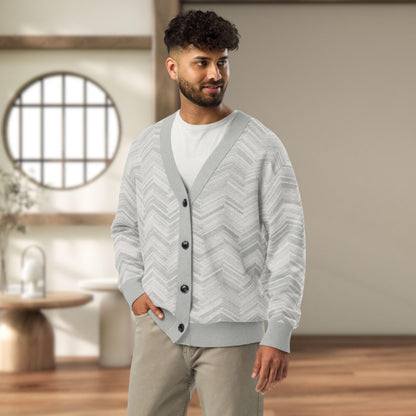 Frost Ridge Yamagata Chevron Knit Cardigan — Japandi Mountain Motif Sweater | Unisex Jacquard Knitwear
