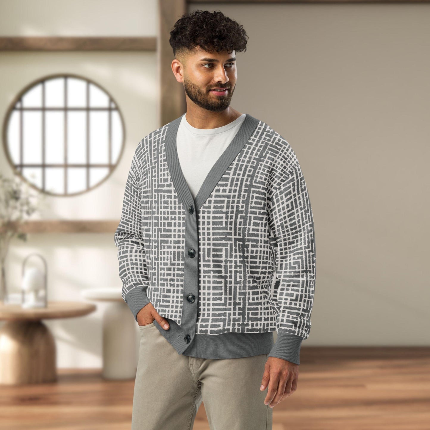 Slate Lattice Geometric Knit Cardigan — Japandi Architectural Sweater | Unisex Jacquard Knitwear
