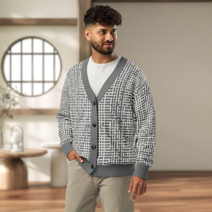 Slate Lattice Geometric Knit Cardigan — Japandi Architectural Sweater | Unisex Jacquard Knitwear