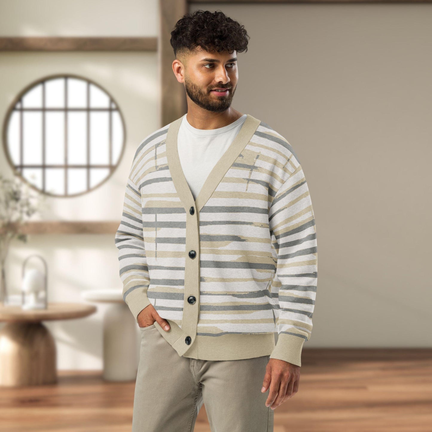 Linen Wash Sumi-e Stripe Knit Cardigan — Japandi Brushstroke Sweater | Unisex Jacquard Knitwear