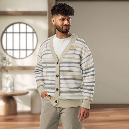 Linen Wash Sumi-e Stripe Knit Cardigan — Japandi Brushstroke Sweater | Unisex Jacquard Knitwear