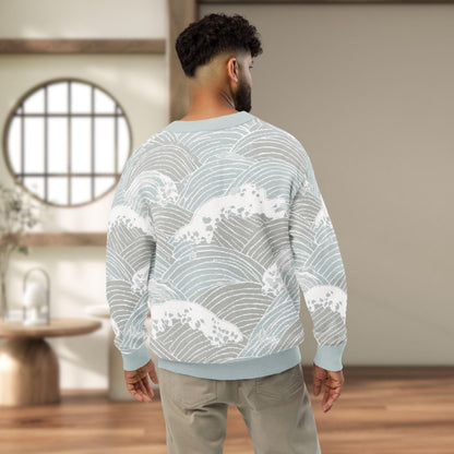 Seigaiha Wave Knit Cardigan — Japandi Coastal Unisex Sweater in Steel Tide