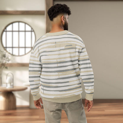 Linen Wash Sumi-e Stripe Knit Cardigan — Japandi Brushstroke Sweater | Unisex Jacquard Knitwear