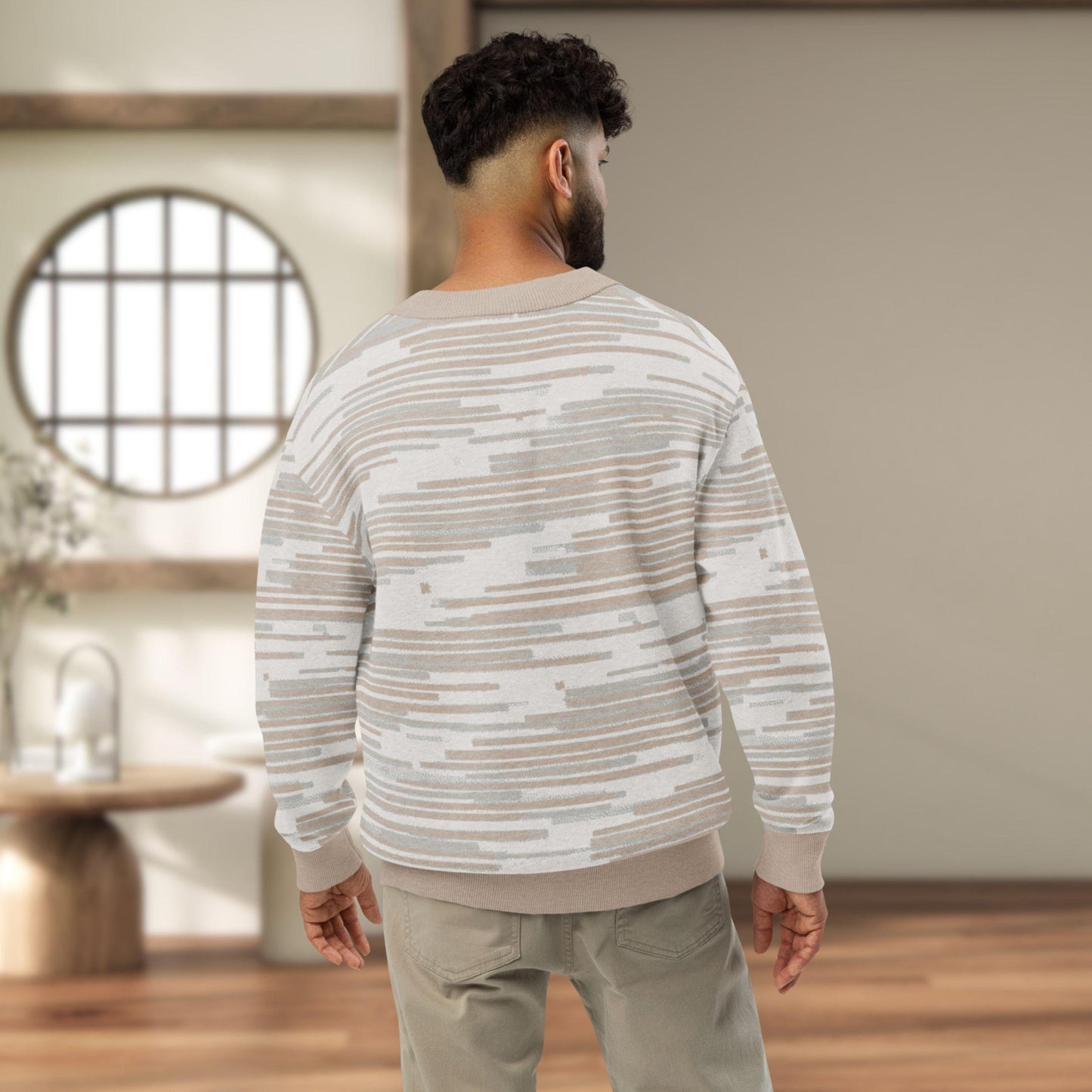 Wheat Field Textured Stripe Knit Cardigan — Japandi Woven Neutral Sweater | Unisex Jacquard Knitwear