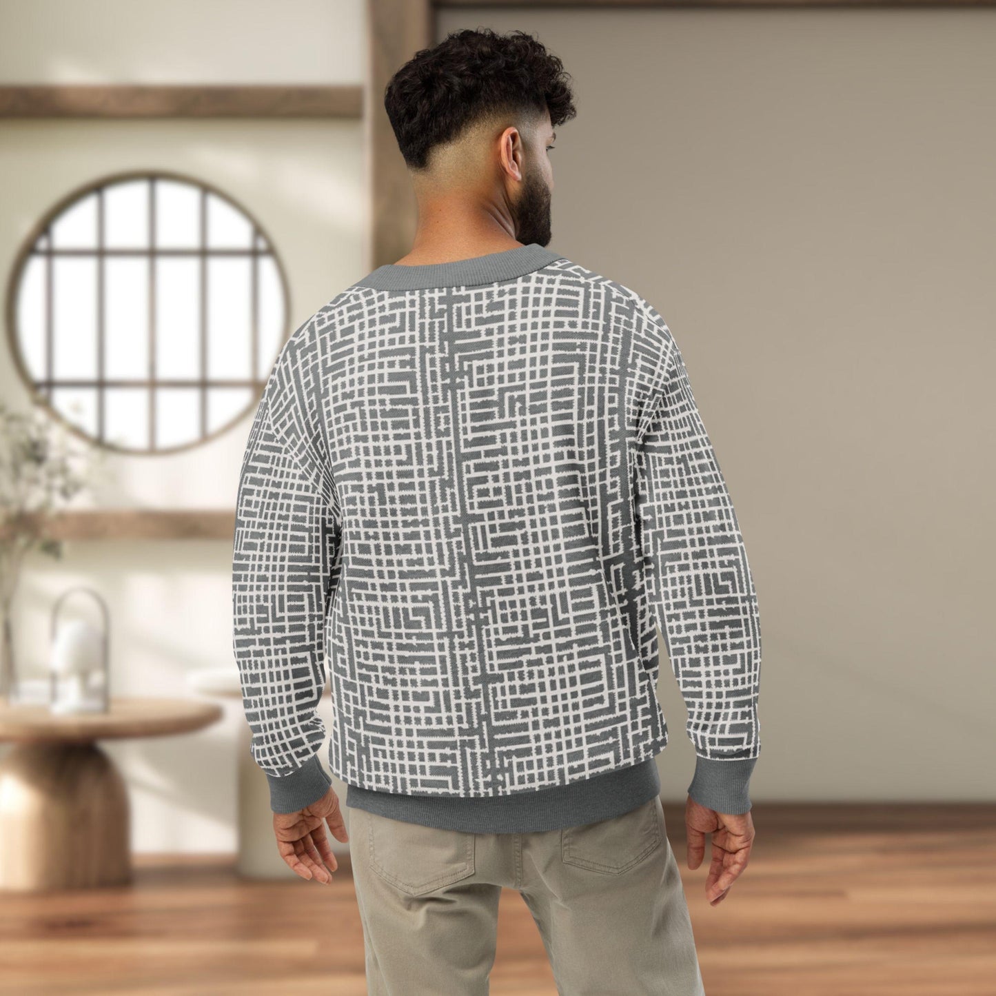 Slate Lattice Geometric Knit Cardigan — Japandi Architectural Sweater | Unisex Jacquard Knitwear