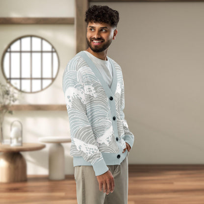 Seigaiha Wave Knit Cardigan — Japandi Coastal Unisex Sweater in Steel Tide