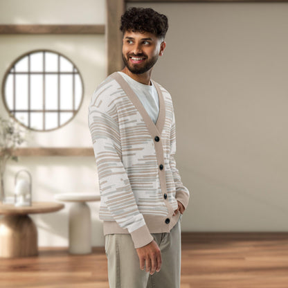 Wheat Field Textured Stripe Knit Cardigan — Japandi Woven Neutral Sweater | Unisex Jacquard Knitwear