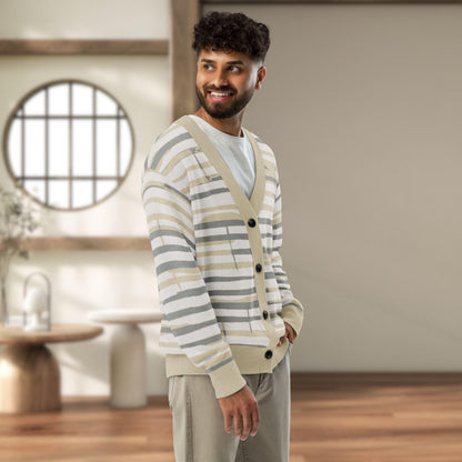 Linen Wash Sumi-e Stripe Knit Cardigan — Japandi Brushstroke Sweater | Unisex Jacquard Knitwear