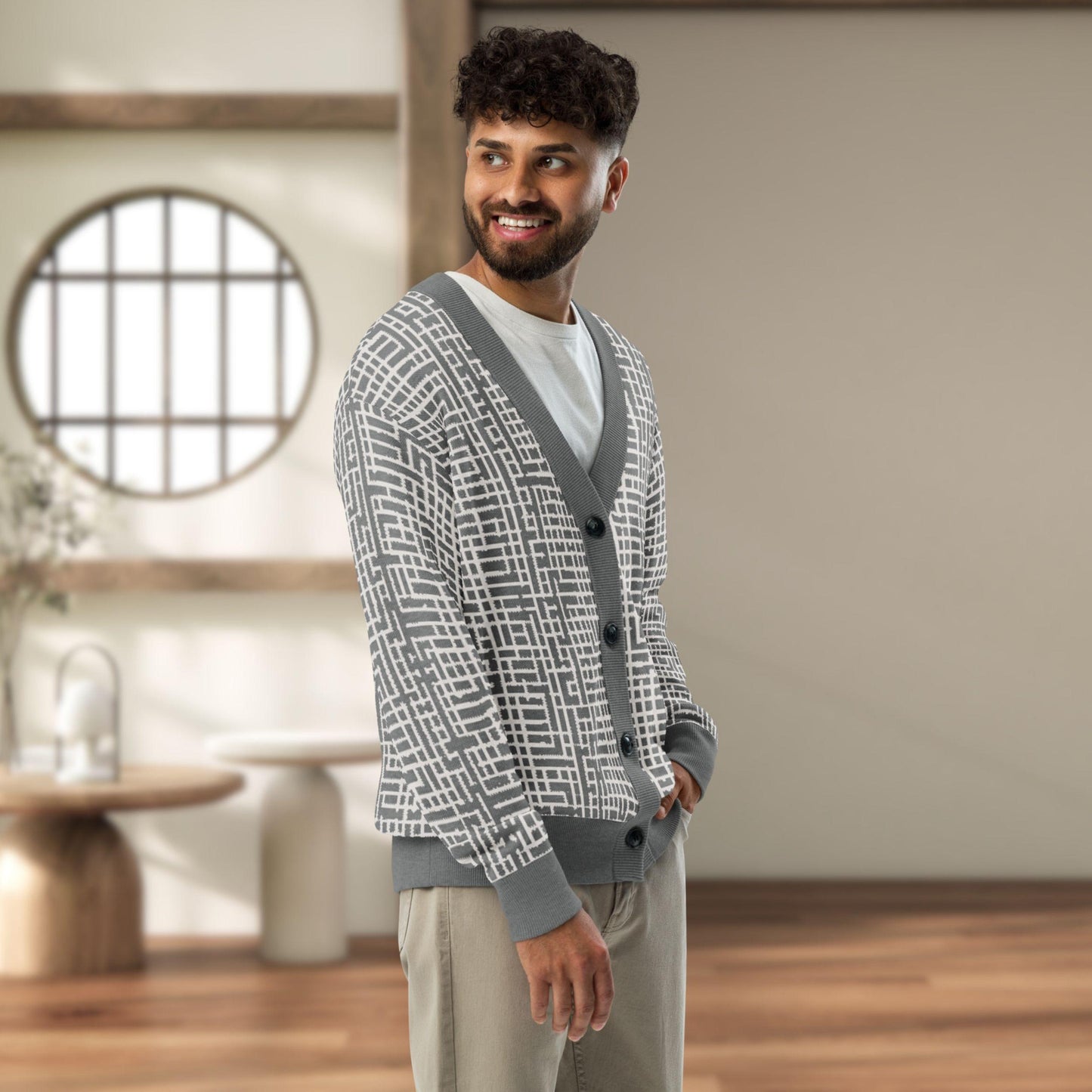 Slate Lattice Geometric Knit Cardigan — Japandi Architectural Sweater | Unisex Jacquard Knitwear