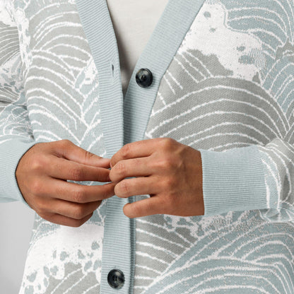 Seigaiha Wave Knit Cardigan — Japandi Coastal Unisex Sweater in Steel Tide
