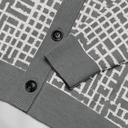 Slate Lattice Geometric Knit Cardigan — Japandi Architectural Sweater | Unisex Jacquard Knitwear