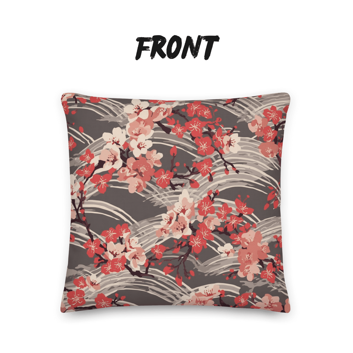 Sakura Wave Throw Pillow with Insert — Japanese Floral Seigaiha Cushion | Crimson Dusk